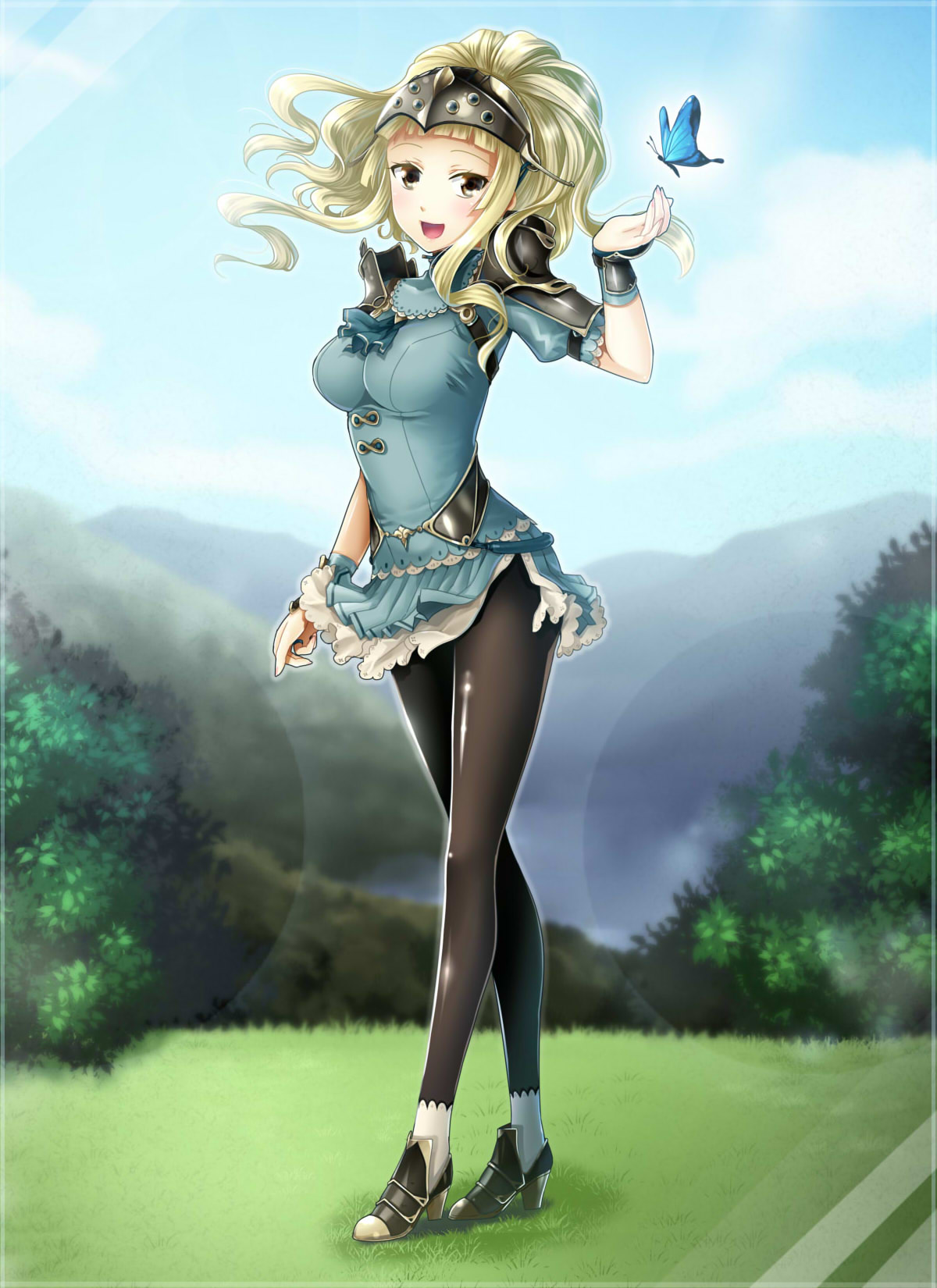 1girl armor bird blonde_hair blush breasts brown_eyes clair_(fire_emblem) dress field fire_emblem fire_emblem_echoes:_mou_hitori_no_eiyuuou forest full_body helmet highres large_breasts long_hair nature open_mouth pantyhose pegasus polearm ponytail shoulder_armor sky smile solo weapon yuino_(fancy_party)
