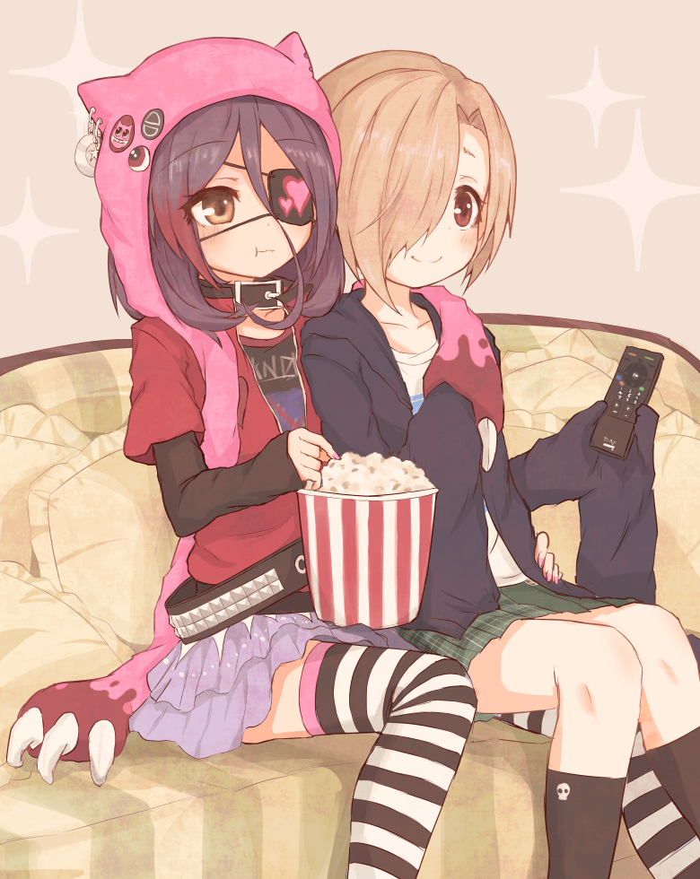 2girls :t animal_hood black_legwear blonde_hair blush brown_eyes bucket cat_hood chewing clothes_writing controller couch eyepatch fingernails food green_skirt hair_over_one_eye hand_on_another's_hip hayasaka_mirei holding hood horizontal_stripes idolmaster idolmaster_cinderella_girls jacket kneehighs lavender_skirt layered_skirt long_sleeves multicolored_hair multiple_girls nail_polish on_couch open_clothes open_jacket pery_lene pink_nails plaid plaid_skirt pleated_skirt popcorn purple_hair red_jacket remote_control shirasaka_koume shirt short_hair short_over_long_sleeves side-by-side sitting skirt skull sleeves_past_fingers sleeves_past_wrists smile streaked_hair striped t-shirt thigh-highs two-tone_hair white_legwear white_shirt zettai_ryouiki