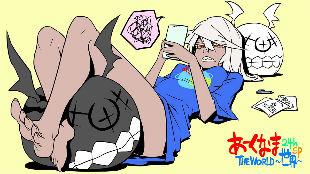 1girl bare_legs barefoot blonde_hair blue_shirt cellphone commentary_request drawing eyebrows_visible_through_hair feet guilty_gear guilty_gear_xrd hair_between_eyes holding holding_phone jin_(mugenjin) lying naked_shirt on_back orange_eyes pen phone ramlethal_valentine ringed_eyes sharp_teeth shirt short_hair short_sleeves simple_background smartphone soles solo speech_bubble spoken_squiggle squiggle teeth toes yellow_background