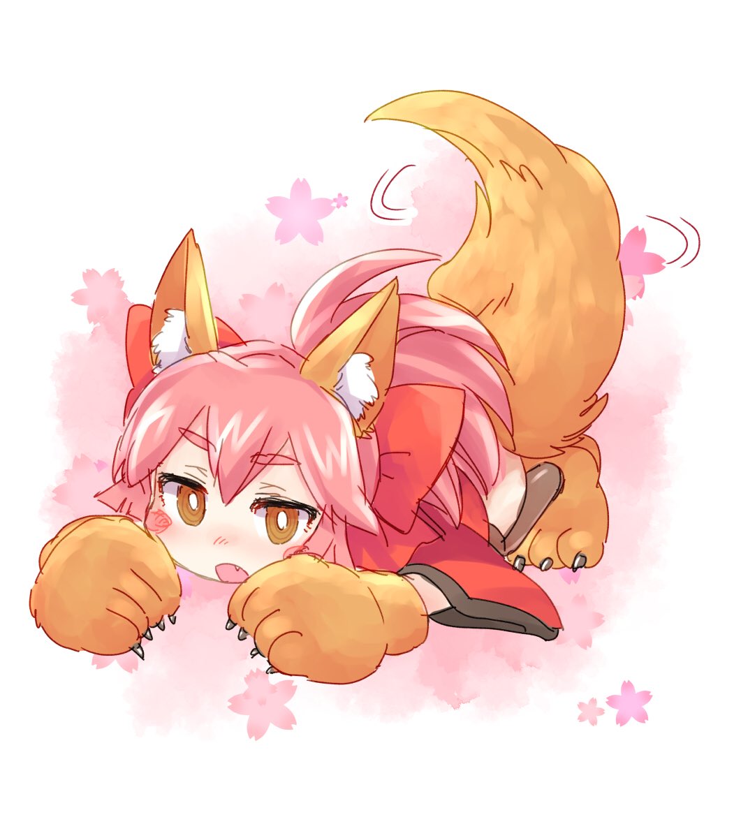 1girl :o animal_ears bangs blush_stickers bright_pupils brown_eyes chibi claws commentary_request eyebrows_visible_through_hair fang fate/grand_order fate_(series) fox_ears fox_tail highres japanese_clothes kimono long_sleeves open_mouth ouhashi_(yumenosukima) paw_pose pink_background simple_background solo tail tail_wagging tamamo_(fate)_(all) tamamo_cat_(fate) top-down_bottom-up