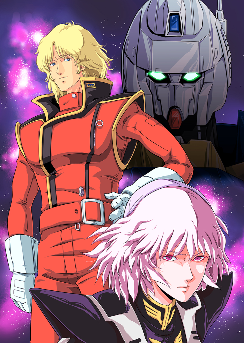 1boy 1girl 80s blonde_hair blue_eyes char_aznable eyewear_removed gloves glowing glowing_eyes gundam haman_karn hand_on_hip highres hyaku_shiki looking_at_another looking_at_viewer mecha military military_uniform milky_way neo_zeon oldschool pilot_uniform pink_hair quattro_vageena redesign science_fiction space spacesuit star star_(sky) starry_background tagme uniform upper_body violet_eyes waeba_yuusee