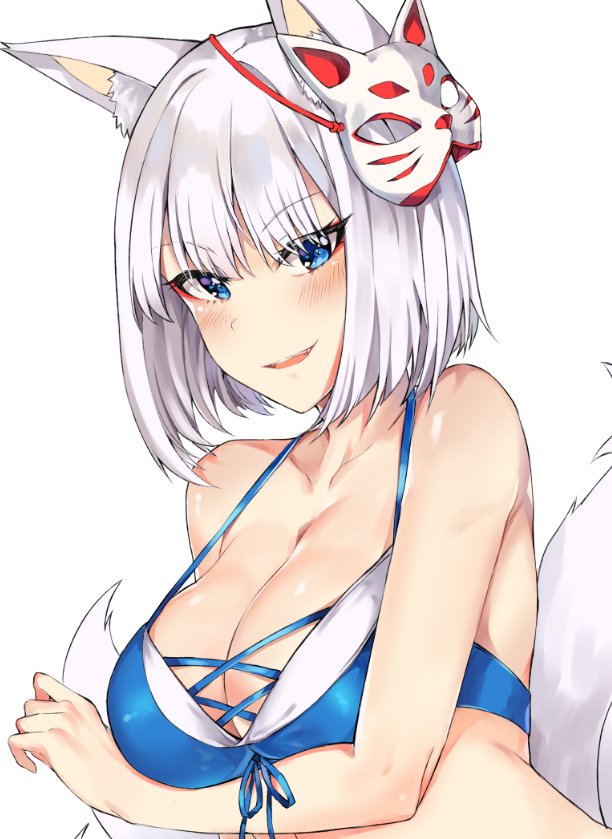 1girl animal_ears azur_lane bare_arms bare_shoulders bikini blue_bikini blue_eyes blush breasts cleavage eyebrows_visible_through_hair eyes_visible_through_hair fox_ears fox_mask fox_tail kaga_(azur_lane) large_breasts looking_at_viewer mask mask_on_head parted_lips short_hair silver_hair simple_background smile smirk solo swimsuit tail tuxedo_de_cat white_background