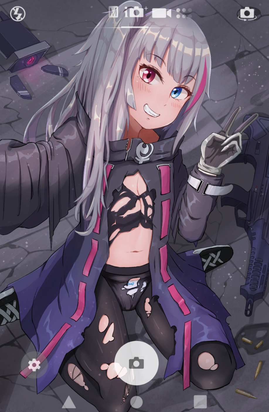 1girl assault_rifle bangs beret black_gloves black_hat black_legwear blue_eyes blush bow bow_panties breasts bullet cleavage coat damaged dinergate_(girls_frontline) eyebrows_visible_through_hair girls_frontline gloves grey_hair gun hat head_tilt heterochromia highres long_hair looking_at_viewer maxdeng mdr mdr_(girls_frontline) medium_breasts multicolored_hair navel no_bra one_side_up panties pantyhose parted_lips pink_eyes pink_hair reaching_out rifle self_shot shoes side_ponytail sidelocks sitting smile sneakers solo stomach streaked_hair torn_clothes torn_coat torn_pantyhose underwear v weapon white_panties yokozuwari