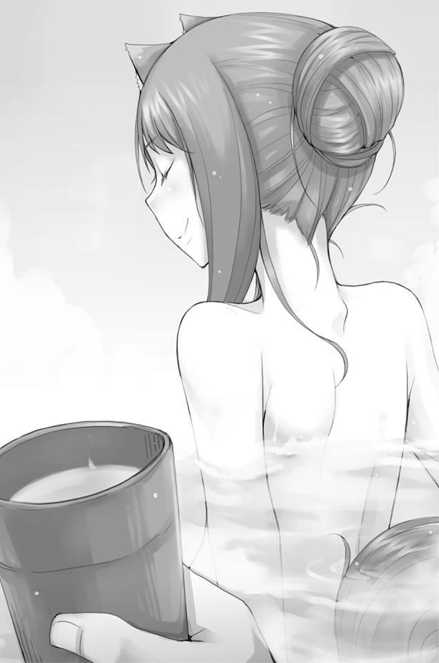 1girl animal_ears ayakura_juu closed_eyes from_behind greyscale holding holo long_hair monochrome novel_illustration nude official_art onsen partially_submerged smile spice_and_wolf tail upper_body wolf_ears wolf_tail