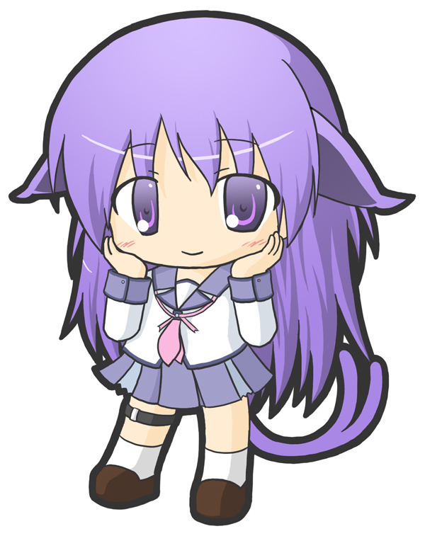 1girl angel_beats! animal_ears bangs blush brown_footwear cat_ears cat_girl cat_tail chibi closed_mouth eyebrows_visible_through_hair forked_tail full_body hair_between_eyes hands_on_own_cheeks hands_on_own_face hands_up irie_(angel_beats!) kemonomimi_mode loafers long_hair long_sleeves looking_at_viewer neckerchief nekomata pink_neckwear pleated_skirt purple_hair purple_skirt rinechun school_uniform serafuku shirt shoes simple_background skirt smile socks solo standing tail very_long_hair violet_eyes white_background white_legwear white_shirt