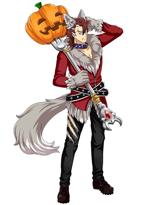 1boy animal_ears belt black_pants boots brown_footwear brown_hair collar collarbone fang_out fox_ears fox_tail full_body halloween_costume hand_on_head holding isaac_(log_horizon) log_horizon looking_at_viewer official_art pants pumpkin solo standing tail torn_clothes torn_pants transparent_background