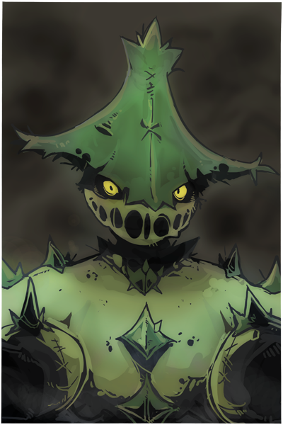 bummerdude cacturne commentary creature evil_smile gen_3_pokemon green_skin grey_background looking_at_viewer no_humans pokemon pokemon_(creature) smile solo upper_body yellow_eyes
