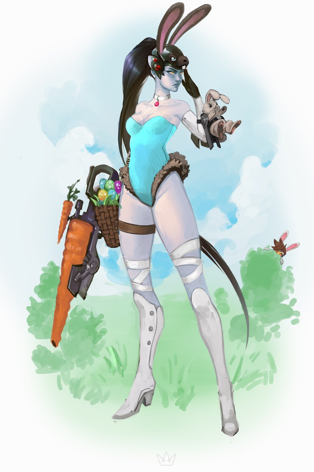 2girls animal_ears bare_shoulders black_hair blue_leotard blue_sky boots breasts carrot character_request choker clouds commentary easter easter_egg egg elbow_gloves gloves gun highres holding holding_gun holding_weapon large_breasts legband leotard long_hair multiple_girls nikusenpai outdoors overwatch peeking_out ponytail rabbit rabbit_ears sky solo solo_focus standing tracer_(overwatch) very_long_hair weapon white_choker white_legwear widowmaker_(overwatch) yellow_eyes