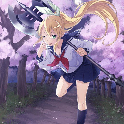 1girl ;p bent_over black_legwear blonde_hair blue_skirt braid breasts cleavage collarbone floating_hair full_moon green_eyes green_ribbon hair_ribbon holding holding_weapon kneehighs leafa long_hair medium_breasts miniskirt moon neckerchief night one_eye_closed outdoors pleated_skirt poleaxe ponytail red_neckwear ribbon school_uniform serafuku shirt side_braid sidelocks skirt solo standing standing_on_one_leg sword_art_online tongue tongue_out very_long_hair weapon white_shirt