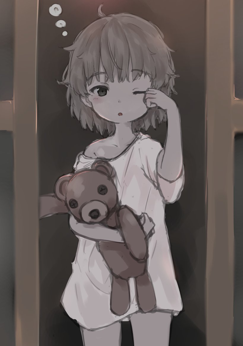 1girl ;o bangs bare_shoulders brown_eyes brown_hair collarbone commentary_request cowboy_shot eyebrows_visible_through_hair hatoba_tsugu hatoba_tsugu_(character) looking_at_viewer minikon object_hug off_shoulder one_eye_closed parted_lips rubbing_eyes shirt short_sleeves sleepy solo stuffed_animal stuffed_toy teddy_bear virtual_youtuber white_shirt wide_sleeves
