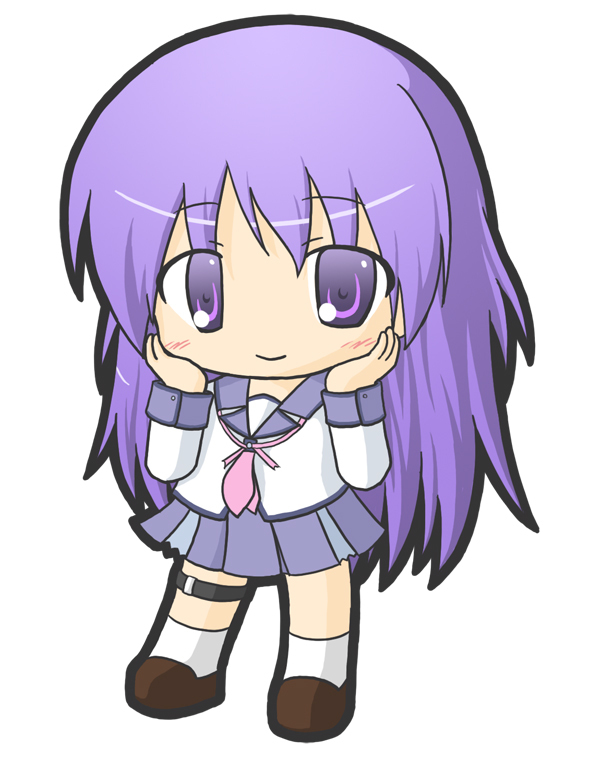 1girl angel_beats! bangs blush brown_footwear chibi closed_mouth commentary_request eyebrows_visible_through_hair full_body hair_between_eyes hands_on_own_cheeks hands_on_own_face hands_up irie_(angel_beats!) loafers long_hair long_sleeves looking_at_viewer neckerchief pink_neckwear pleated_skirt purple_hair purple_skirt rinechun school_uniform serafuku shirt shoes simple_background skirt smile socks solo standing very_long_hair violet_eyes white_background white_legwear white_shirt