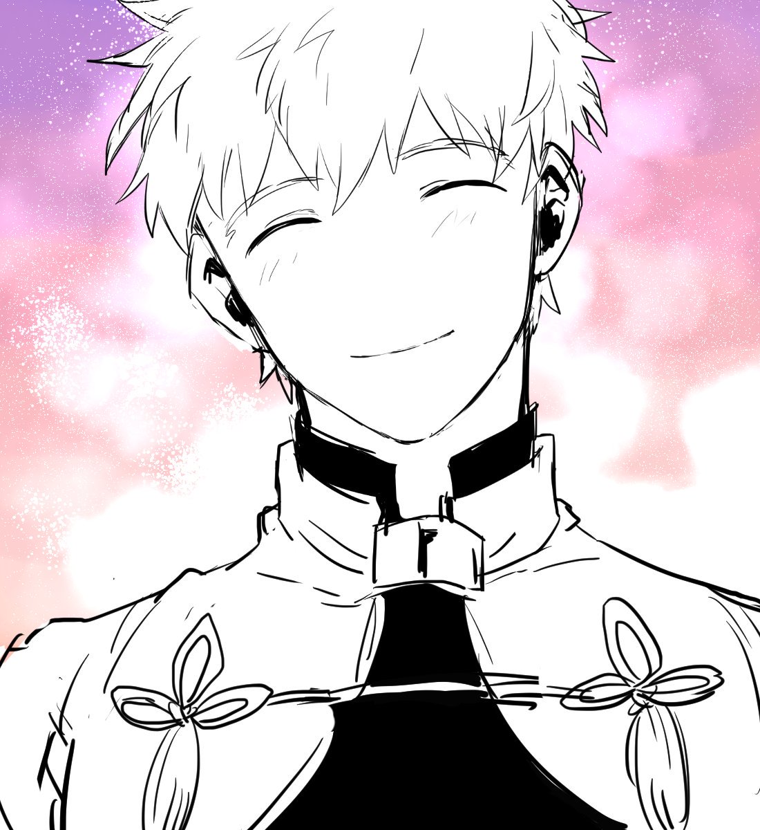 1boy archer bangs closed_eyes closed_mouth eyebrows_visible_through_hair fate/stay_night fate_(series) head_tilt highres jacket limited_palette male_focus sad_smile smile solo takashi_(onikukku)