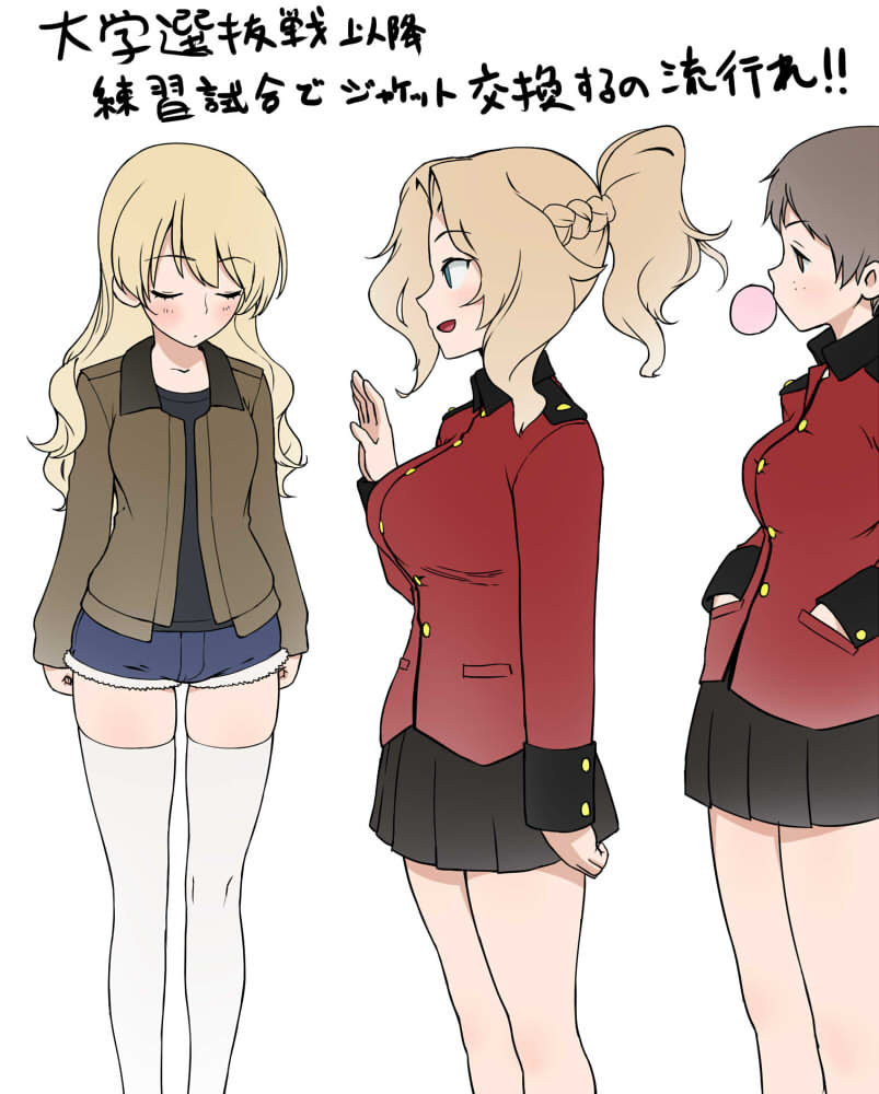 alternate_hairstyle bangs black_shirt black_skirt blonde_hair blue_eyes blue_shorts braid brown_hair brown_jacket closed_eyes closed_mouth cosplay costume_switch crown_braid cutoffs darjeeling denim denim_shorts epaulettes eyebrows_visible_through_hair freckles from_side girls_und_panzer hair_down hair_up hands_in_pockets jacket kay_(girls_und_panzer) long_hair long_sleeves looking_at_another military military_uniform miniskirt naomi_(girls_und_panzer) open_clothes open_jacket open_mouth pleated_skirt red_jacket saunders_military_uniform shirt short_hair short_ponytail short_shorts shorts skindentation skirt smile st._gloriana's_military_uniform standing thigh-highs translation_request uniform very_short_hair wata_do_chinkuru waving white_legwear