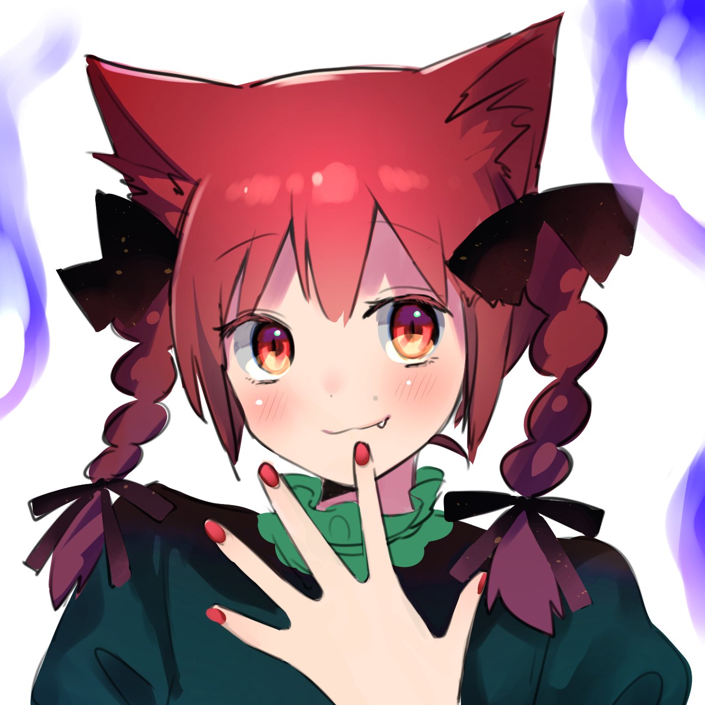 1girl animal_ears black_bow blush bow braid cat_ears closed_mouth commentary_request dress eyebrows_visible_through_hair fang fang_out fingernails green_dress hair_bow hand_up highres kaenbyou_rin looking_at_viewer nail_polish red_eyes red_nails redhead slit_pupils smile solo touhou twin_braids upper_body vanilla_(miotanntann)