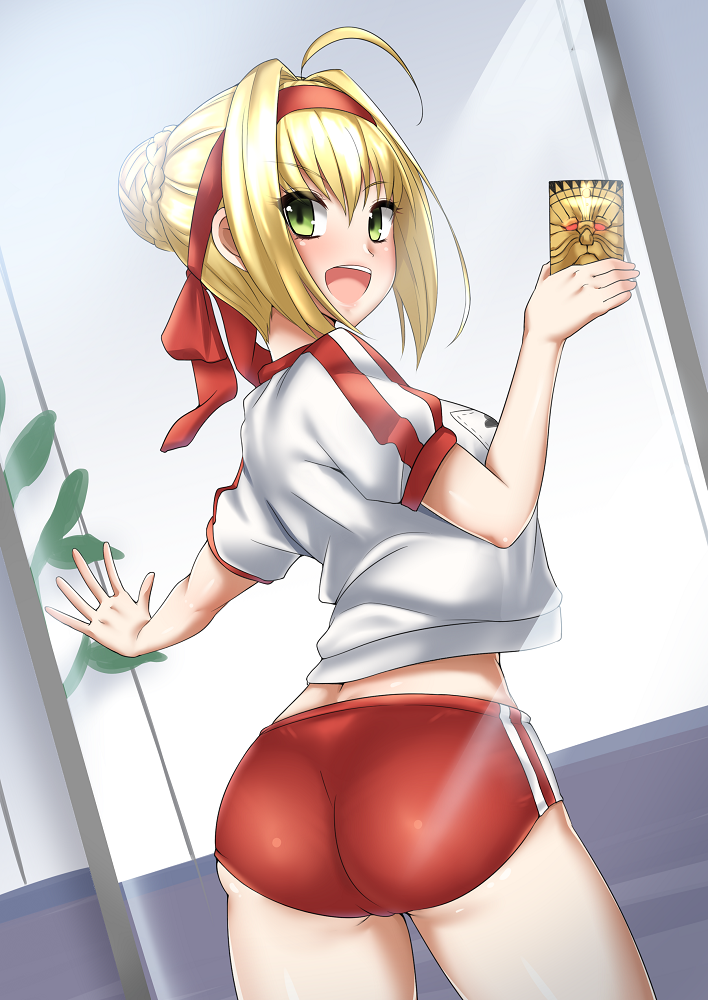 1girl ahoge ass ayuayu_(shouyu_no_sato) bangs blonde_hair blush braid breasts buruma cellphone eyebrows_visible_through_hair fate/extra fate/grand_order fate_(series) french_braid green_eyes gym_uniform hair_bun hips large_breasts looking_at_viewer looking_back name_tag nero_claudius_(fate) nero_claudius_(fate)_(all) olympian_bloomers open_mouth phone red_headband self_shot shirt smile solo thighs waist white_shirt