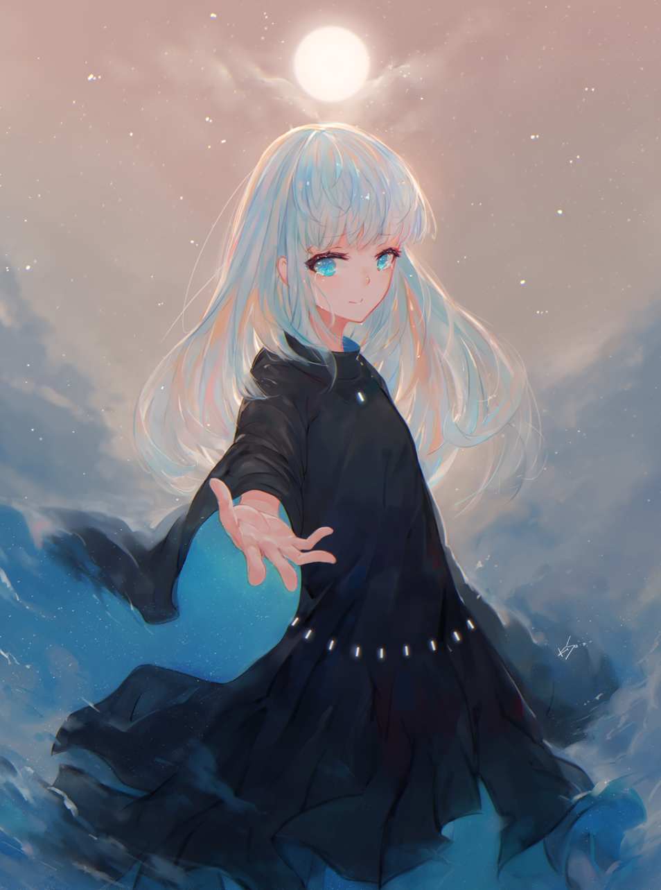 1girl bangs black_dress blue_eyes blue_hair closed_mouth commentary_request dress eyebrows_visible_through_hair highres kisei2 long_hair long_sleeves looking_at_viewer original outstretched_arm reaching_out smile solo standing wide_sleeves