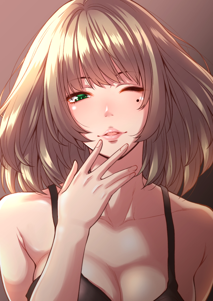 1girl bangs black_tank_top blush breasts brown_background brown_hair cleavage collarbone eyebrows_visible_through_hair green_eyes hand_on_own_chin highres idolmaster idolmaster_cinderella_girls large_breasts lips looking_at_viewer mole mole_under_eye one_eye_closed parted_lips shouji_nigou simple_background smile solo takagaki_kaede tank_top