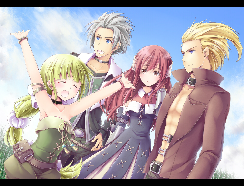 bare_shoulders blonde_hair bow braid breasts commentary_request green_hair gustaf long_hair multi-tied_hair multiple_boys multiple_girls ponytail primiera_(saga) ribbon roberto saga saga_frontier saga_frontier_2 shorts smile takana_(srplus) very_long_hair virginia_knights