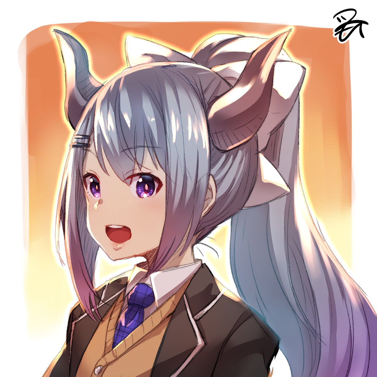 1girl :d blue_hair bow collared_shirt commentary_request eyebrows_visible_through_hair gradient_hair grey_jacket hair_bow hair_ornament hairclip highres higuchi_kaede horns jacket looking_at_viewer multicolored_hair necktie nijisanji open_mouth ponytail purple_neckwear school_uniform shirt signature smile solo tomoyohi upper_body vest violet_eyes white_bow white_shirt wing_collar