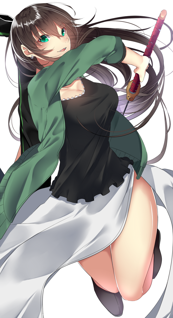 1girl bent_knees black_footwear black_hair black_shirt breasts cleavage earrings eyebrows_visible_through_hair full_body green_eyes green_jacket highres holding holding_sword holding_weapon jacket jewelry jumping katana large_breasts long_hair long_skirt looking_at_viewer onineko-chan open_clothes open_jacket original parted_lips shirt side_slit skirt smile solo sword very_long_hair weapon white_background white_skirt