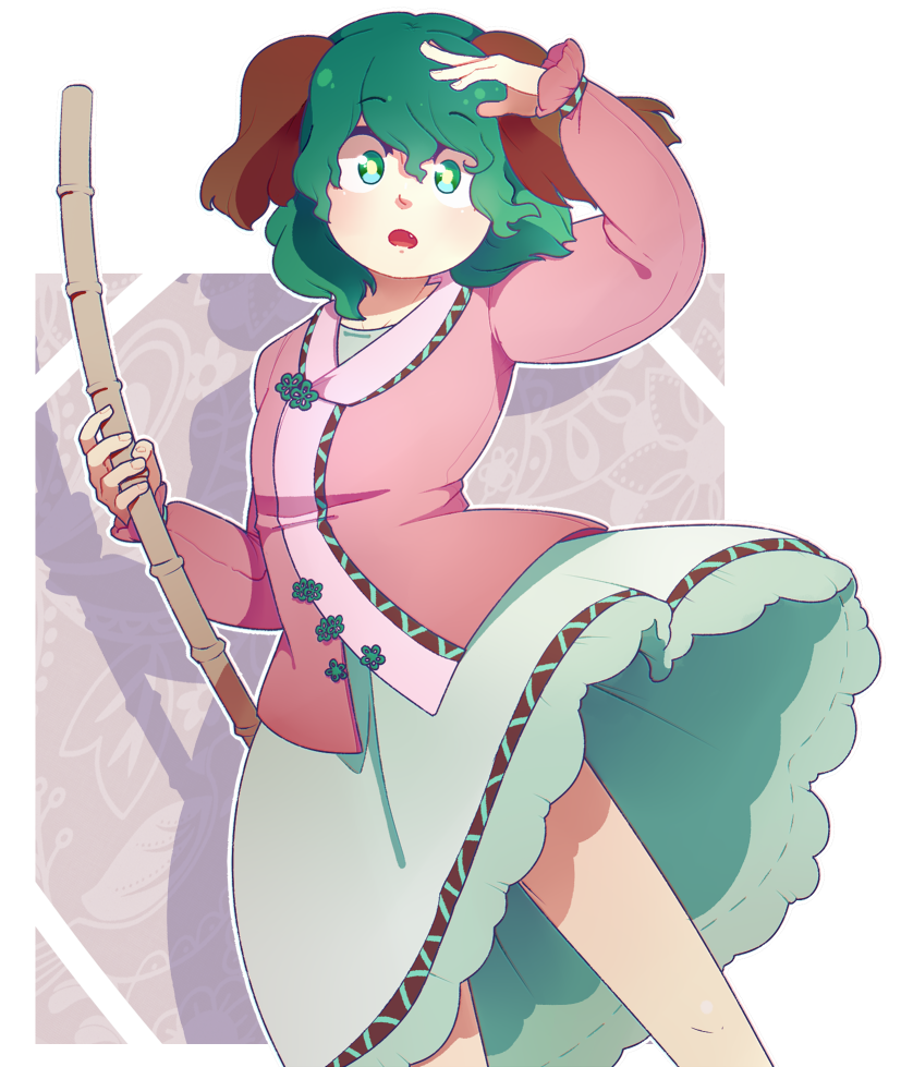 1girl :o animal_ears arm_up bamboo_broom broom dog_ears dosh dress eyebrows_visible_through_hair green_dress green_eyes green_hair hand_on_forehead holding kasodani_kyouko long_sleeves looking_at_viewer medium_hair open_mouth pink_shirt puffy_sleeves shadow shirt simple_background solo touhou transparent_background