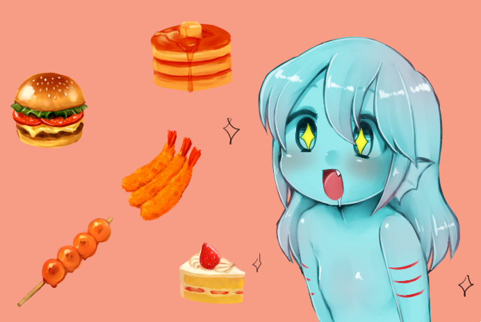 1girl :d animal_ears bangs blue_eyes blue_hair blue_sclera blue_skin blush commentary_request dango drooling fang food fruit gills hamburger head_fins kai_himo monster_girl nude open_mouth original pancake pink_background saliva simple_background smile solo sparkle sparkling_eyes strawberry tempura upper_body wagashi