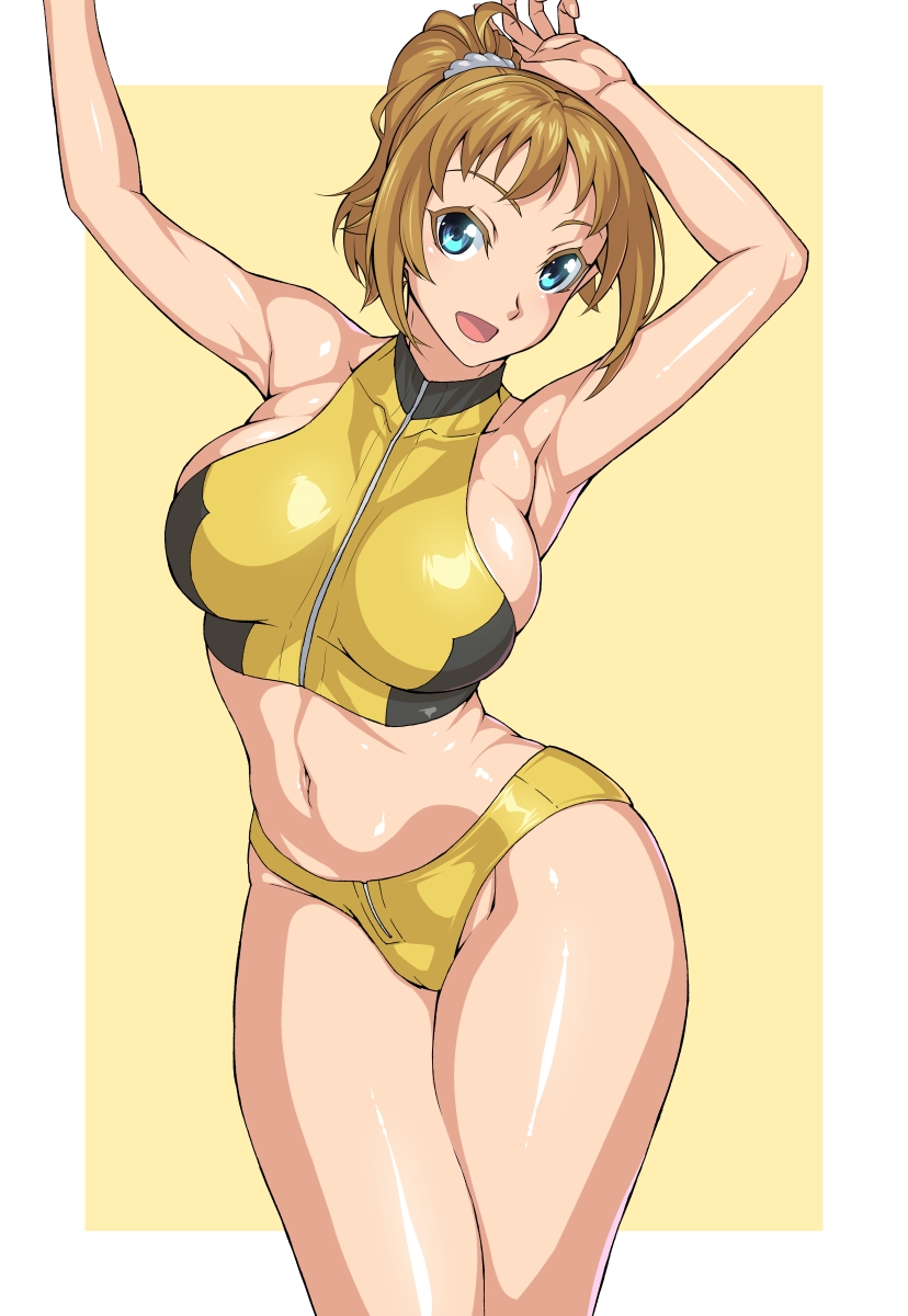 1girl armpits arms_up bikini blue_eyes breasts brown_hair commentary_request contrapposto cowboy_shot gundam gundam_build_fighters gundam_build_fighters_try highres hoshino_fumina large_breasts legs_together long_hair looking_at_viewer navel open_mouth ozaneko ponytail scrunchie shiny shiny_clothes shiny_hair shiny_skin sideboob simple_background solo standing swimsuit white_background yellow_bikini