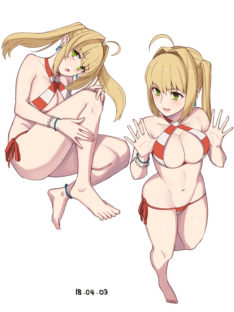 1girl adjusting_clothes adjusting_swimsuit ahoge anklet bangs bare_shoulders barefoot bikini blonde_hair blush bracelet breasts collarbone dated earrings eyebrows_visible_through_hair fate/extra fate/grand_order fate_(series) feet green_eyes jewelry knee_to_chest large_breasts long_hair looking_at_viewer looking_to_the_side michihasu navel nero_claudius_(fate) nero_claudius_(fate)_(all) nero_claudius_(swimsuit_caster)_(fate) open_mouth saber_extra side-tie_bikini simple_background string_bikini striped striped_bikini swimsuit thighs twintails white_background