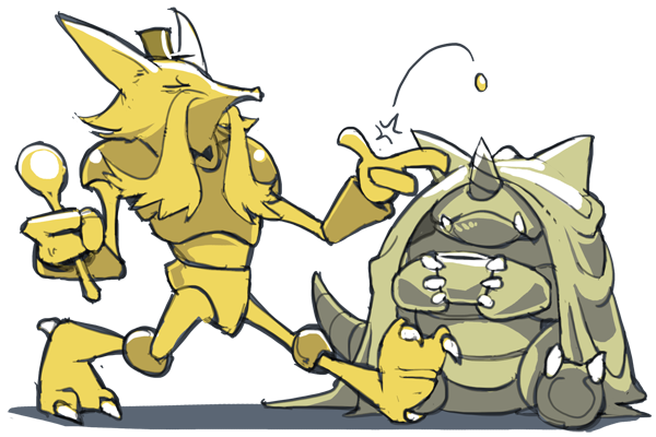 alakazam bummerdude coin commentary creature frown full_body gen_1_pokemon hat holding holding_spoon no_humans pokemon pokemon_(creature) rhydon simple_background sitting throwing throwing_coin top_hat walking white_background