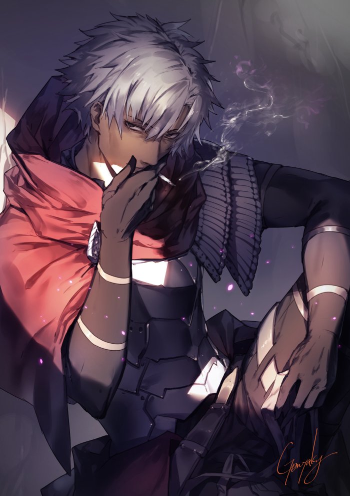 1boy armor bangs black_gloves breastplate brown_eyes capelet cigarette commentary_request dark_skin elbow_gloves emiya_kiritsugu emiya_kiritsugu_(assassin) fate/grand_order fate_(series) gloves hand_up holding holding_cigarette kyouya_(mukuro238) looking_at_viewer male_focus parted_bangs red_capelet sanpaku signature sitting smoke smoking solo white_hair