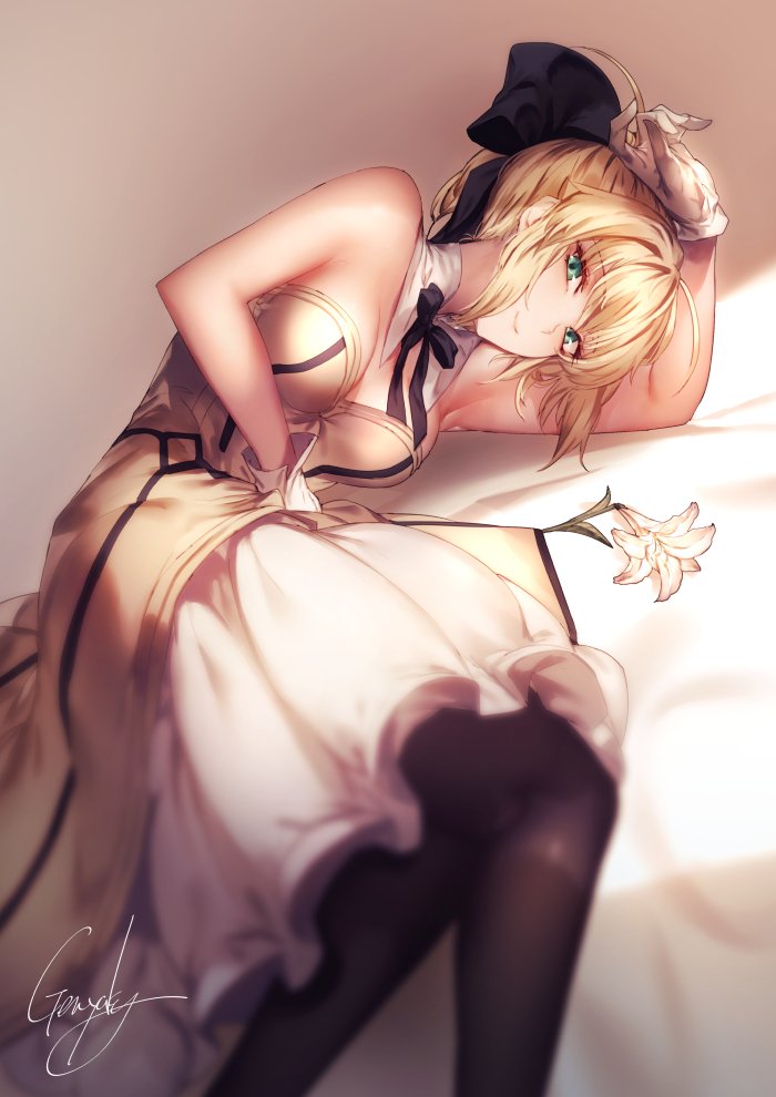 1girl ahoge artoria_pendragon_(all) bare_shoulders bed_sheet black_neckwear black_ribbon blonde_hair blue_eyes blurry blurry_foreground breasts closed_mouth commentary depth_of_field detached_collar dress fate/unlimited_codes fate_(series) flower gloves kyouya_(mukuro238) lily_(flower) lying medium_breasts neck_ribbon on_side pantyhose ribbon saber_lily signature smile solo white_dress white_gloves yellow_dress