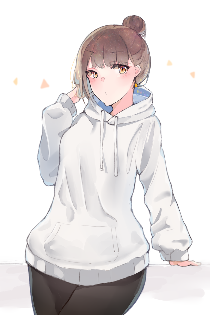 1girl arm_support bangs blush brown_eyes brown_hair closed_mouth commentary_request cowboy_shot earrings eyebrows_visible_through_hair hair_bun hand_in_hair hood hoodie hyakunin_momoko jewelry looking_at_viewer original short_hair standing sweatshirt tareme