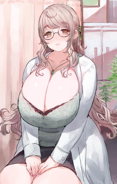 1girl ahoge breasts brown_eyes brown_hair c.cu cleavage curvy glasses hair_ribbon hands_on_lap huge_breasts jewelry labcoat long_breasts long_hair miniskirt necklace original plump ribbon sagging_breasts sitting skirt solo thick_thighs thighs very_long_hair