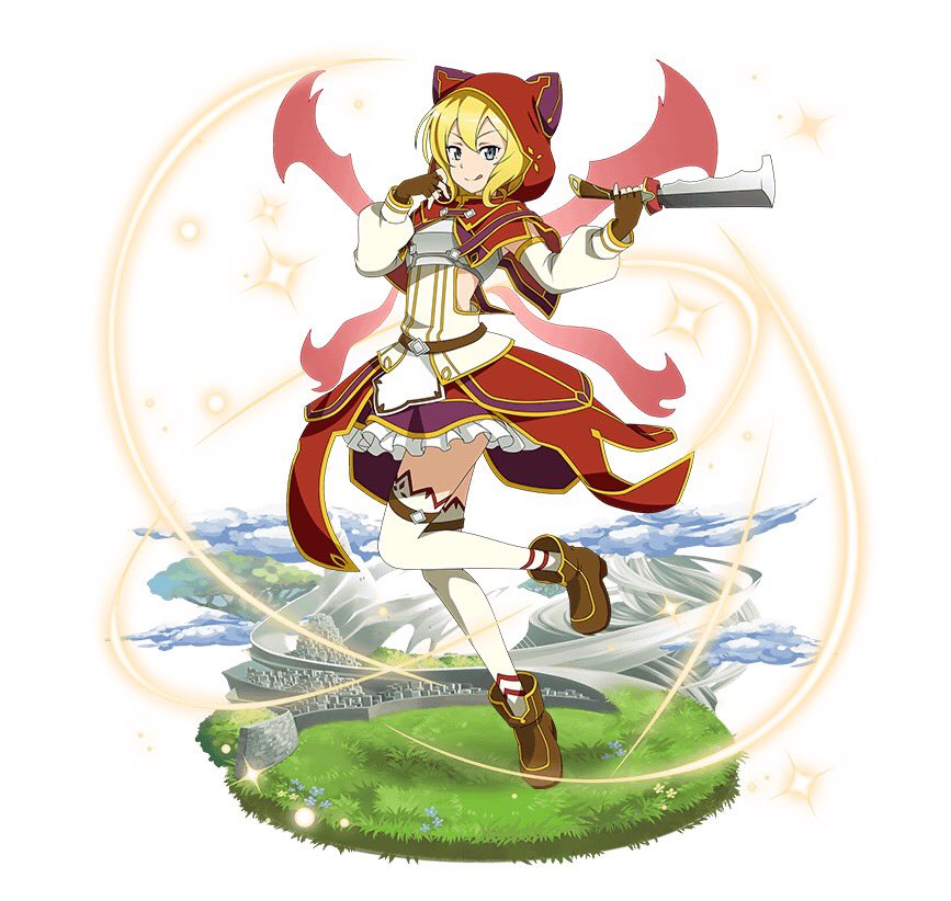 1girl :q animal_hood blonde_hair breastplate brown_footwear brown_gloves character_request faux_figurine fingerless_gloves full_body gloves green_eyes hair_between_eyes holding holding_weapon hood layered_skirt miniskirt red_hood red_wings shoes short_hair skirt smile solo standing standing_on_one_leg sword_art_online thigh-highs tongue tongue_out weapon white_legwear wings