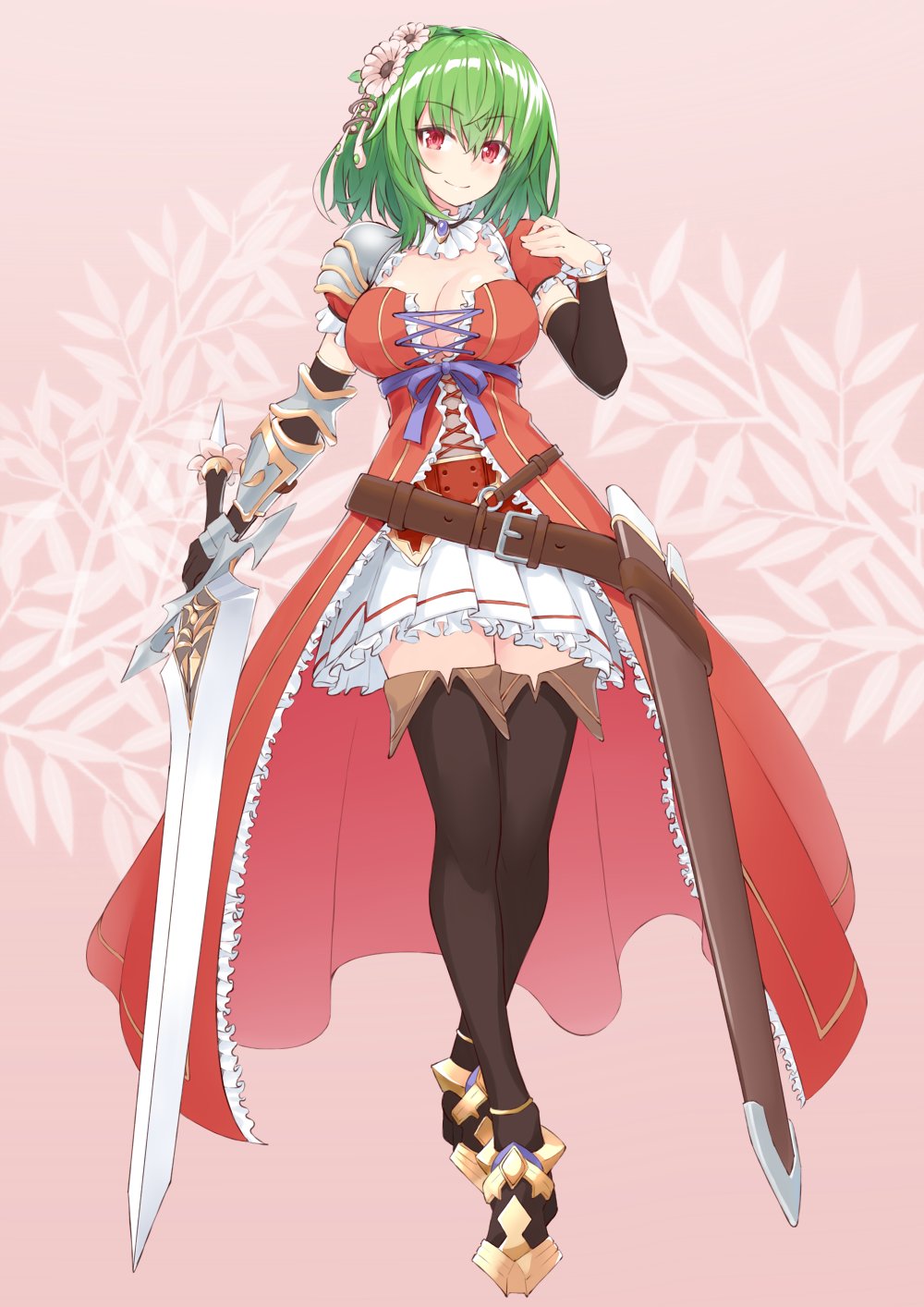 1girl alternate_costume belt black_footwear boots breasts cleavage closed_mouth detached_collar flower full_body gauntlets green_hair hair_flower hair_ornament hand_up highres holding holding_sword holding_weapon kazami_yuuka large_breasts looking_at_viewer miniskirt pleated_skirt red_eyes sheath shiny shiny_hair shoulder_pads shunichi single_gauntlet skirt smile solo standing sword thigh-highs touhou weapon white_skirt