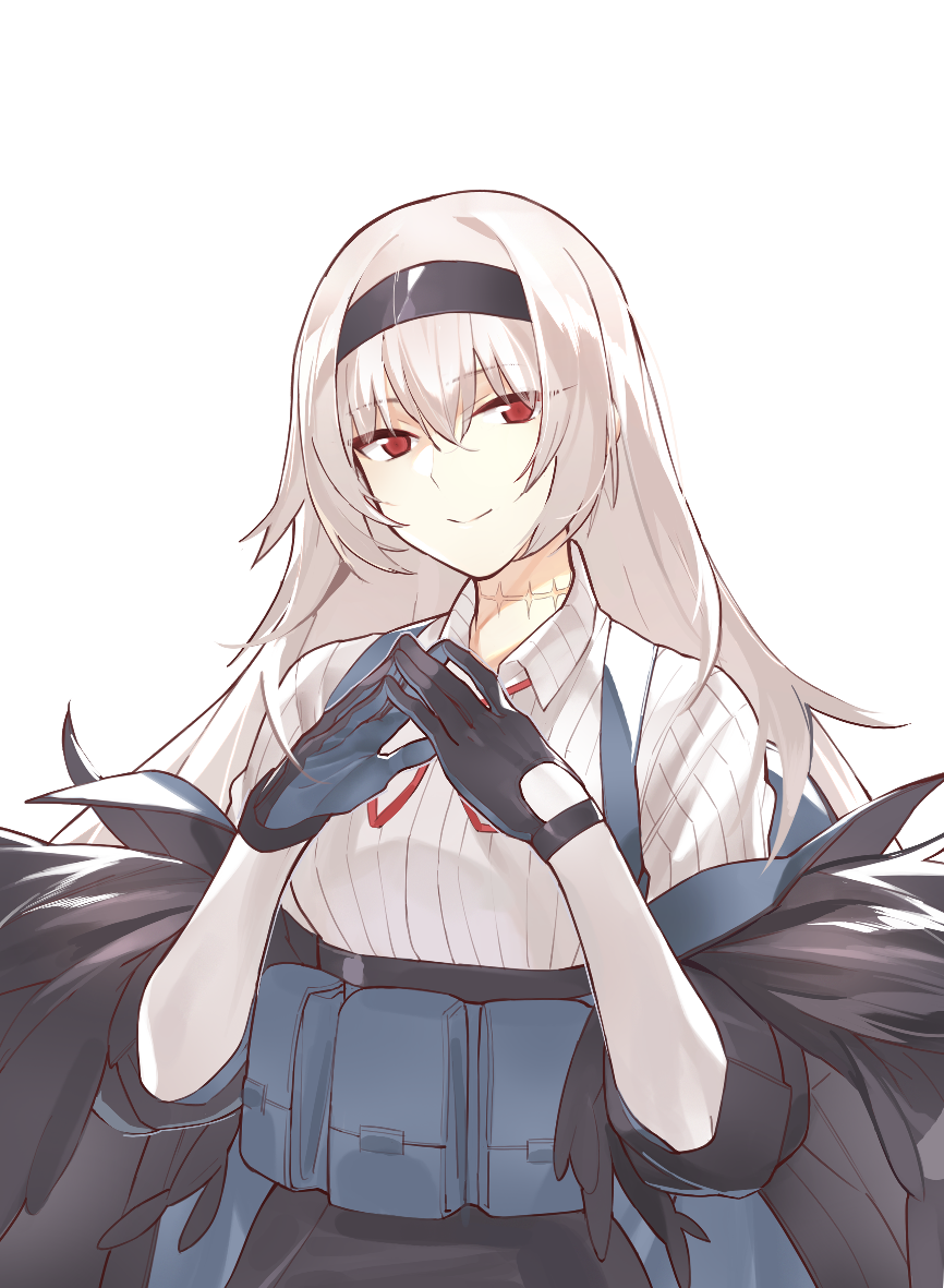 ammunition_pouch bangs black_hairband black_jacket black_legwear black_skirt closed_mouth collared_shirt eyebrows_visible_through_hair eyes_visible_through_hair fingers_together floating_hair from_side girls_frontline gloves hair_between_eyes hairband hand_to_neck inxst jacket long_hair long_sleeves looking_at_viewer neck_ribbon neck_scar neck_stitches off_shoulder pouch red_eyes red_ribbon ribbon shirt shoes sidelocks silver_hair simple_background skirt smile striped striped_shirt thunder_(girls_frontline) very_long_hair white_background white_shirt