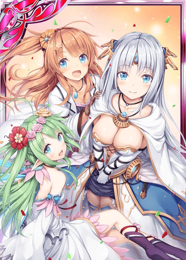 3girls :d akkijin alchemist_(shinkai_no_valkyrie) blue_eyes boots breasts brown_gloves brown_hair card_(medium) confetti fairy fairy_wings flower gloves green_hair hair_flower hair_ornament high_heel_boots high_heels jewelry labcoat looking_at_viewer looking_up medium_breasts multiple_girls necklace official_art open_mouth oracle_(shinkai_no_valkyrie) pixie_servant_(shinkai_no_valkyrie) shinkai_no_valkyrie silver_hair smile tiara wings
