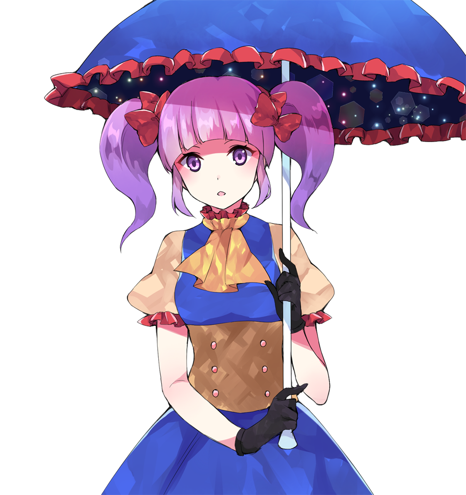 1girl bangs black_gloves blue_dress blunt_bangs bow bustier dress gloves hair_bow holding looking_at_viewer original parted_lips peachpii puffy_short_sleeves puffy_sleeves purple_hair red_bow short_hair short_sleeves solo transparent_background twintails umbrella upper_body violet_eyes