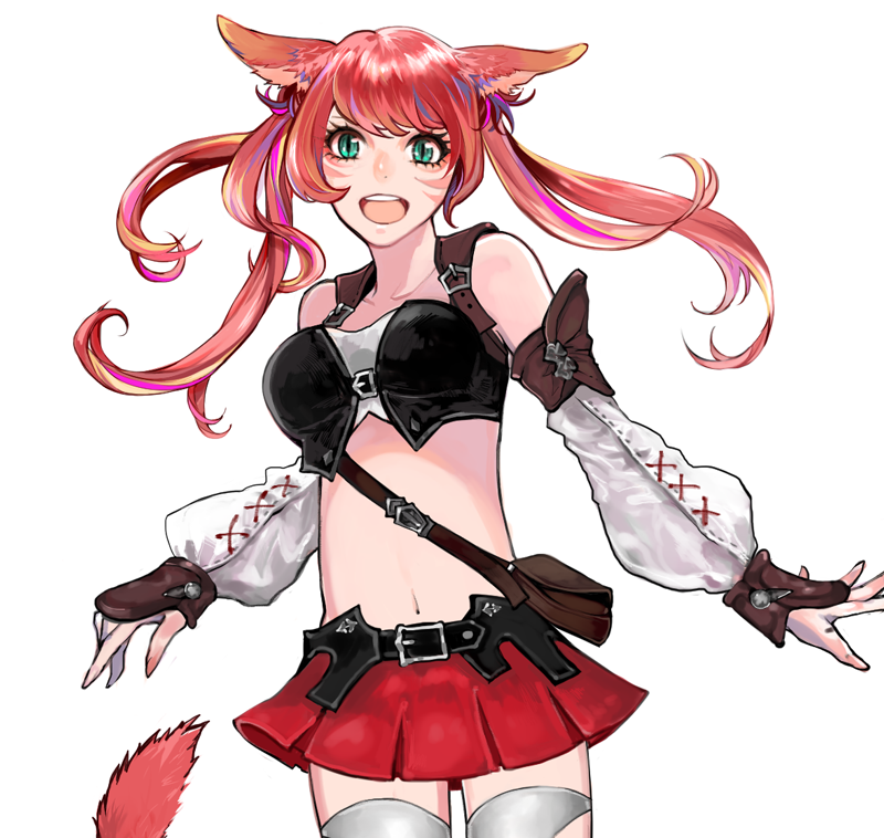 animal_ears final_fantasy final_fantasy_xiv green_eyes midriff miqo'te open_mouth redhead tail twintails yum0811