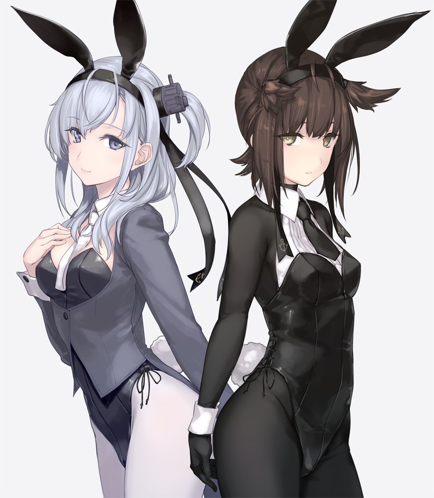 2girls alternate_costume animal_ears black_bodysuit blue_eyes bodysuit bright_pupils brown_eyes brown_hair bunny_girl bunny_tail bunnysuit coattails contrapposto cowboy_shot dated detached_collar expressionless fake_animal_ears grey_background hair_flaps hairband hatsuzuki_(kantai_collection) kantai_collection leotard long_hair long_sleeves looking_at_viewer multiple_girls necktie one_side_up pantyhose rabbit_ears rokuwata_tomoe short_hair sidelocks silver_hair simple_background solo suzutsuki_(kantai_collection) tail white_legwear