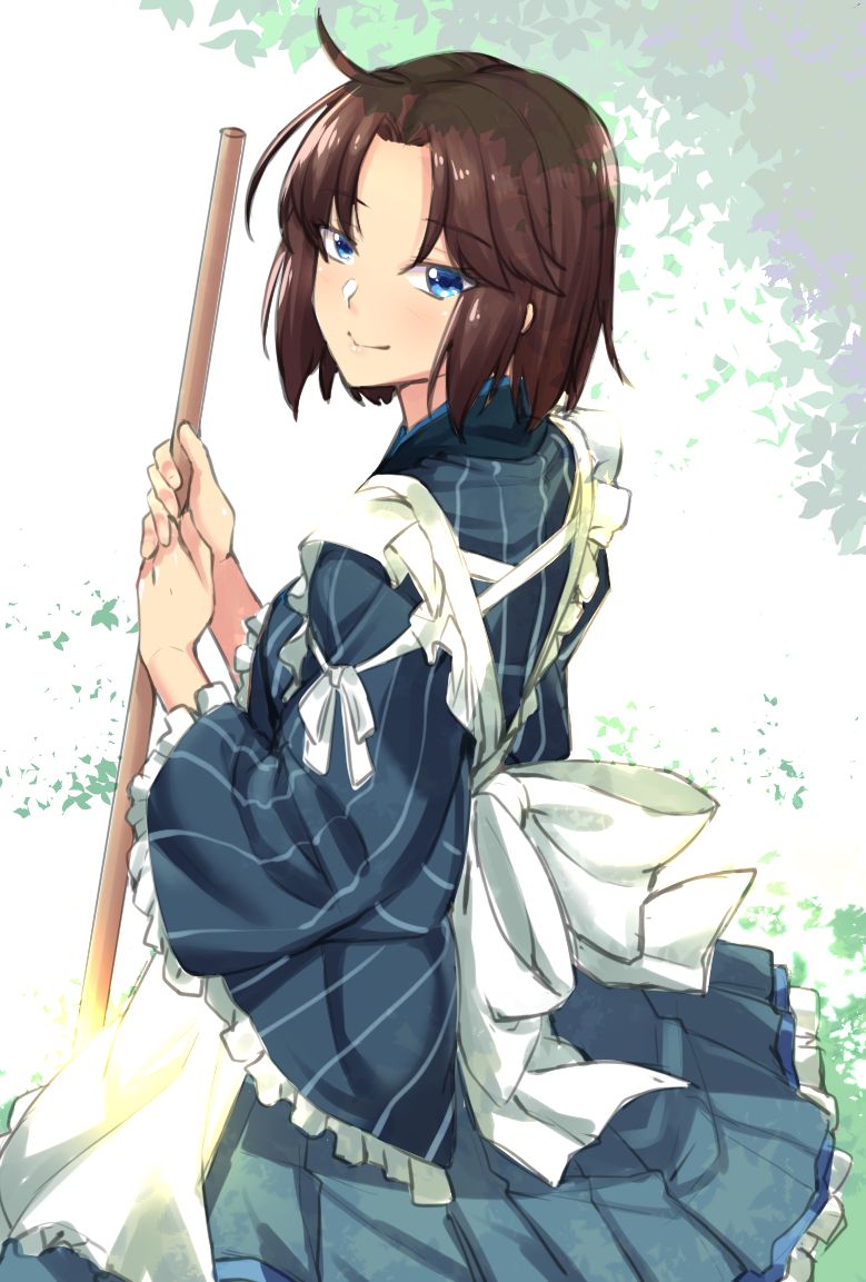 1girl ahoge blue_eyes brown_hair closed_mouth commentary_request dress eyebrows_visible_through_hair frilled_dress frills holding holding_stick kara_no_kyoukai leaf looking_at_viewer maid merufena ryougi_shiki short_hair smile solo striped tree vertical_stripes