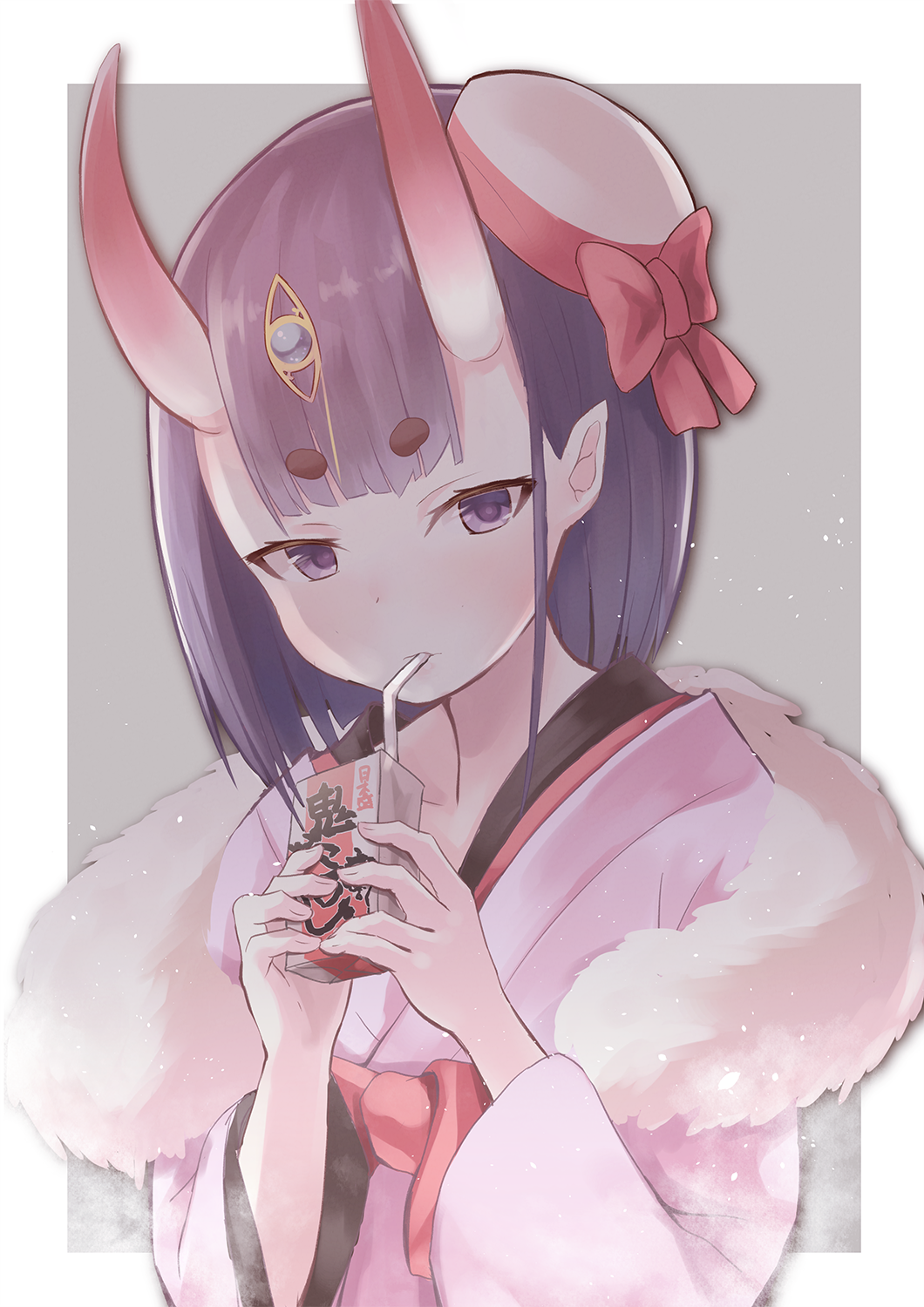 1girl blush bow dark drinking_straw eyebrows_visible_through_hair fate/grand_order fate_(series) fur gem grey_background hamalu hat hat_bow highres holding japanese_clothes kimono light_particles long_sleeves looking_at_viewer mini_hat oni_horns outside_border pink_kimono pointy_ears purple_hair red_bow shawl short_hair shuten_douji_(fate/grand_order) simple_background solo thick_eyebrows tsurime two-handed upper_body violet_eyes white_border white_hat wide_sleeves