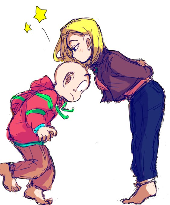 1boy 1girl aida_kaiko android_18 bald barefoot black_eyes blonde_hair blush couple dragon_ball dragonball_z full_body height_difference hetero jacket kiss kuririn leaning_forward looking_down pants short_hair simple_background standing star surprised sweater white_background