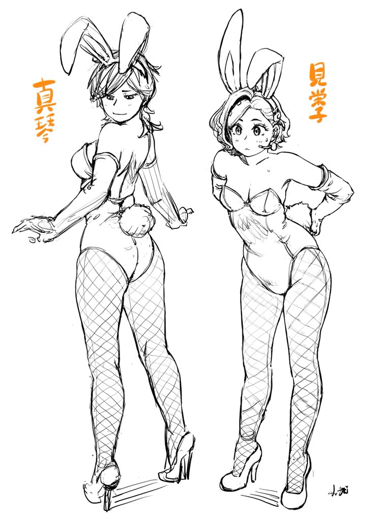 2girls animal_ears blush breasts bunny_tail bunnysuit carina_(xiaowoo) character_request cleavage copyright_request elbow_gloves fishnet_legwear fishnets gloves high_heels kishi_mieko large_breasts leaning medium_breasts multiple_girls rabbit_ears saionji_makoto_(carina) short_hair sketch tail translated white_background