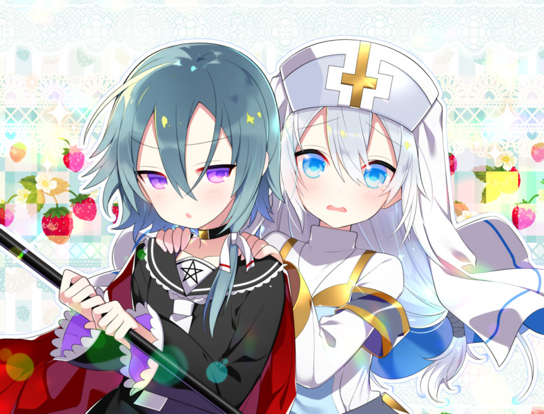 2boys akemaru aqua_eyes black_choker black_dress cape choker chris_(tensei_shitara_party_ga_otokonoko_darake_datta_kedo_danjite_ore_wa_shotacon_janai) collared_dress cross dress flower food fruit grey_hair habit hair_between_eyes hair_ribbon homes_(tensei_shitara_party_ga_otokonoko_darake_datta_kedo_danjite_ore_wa_shotacon_janai) inverted_cross long_hair long_sleeves low-tied_long_hair male_focus multiple_boys necktie red_cape ribbon sidelocks staff star strawberry tensei_shitara_party_ga_otokonoko_darake_datta_kedo_danjite_ore_wa_shotacon_janai trap violet_eyes white_background white_dress white_hair white_neckwear white_ribbon