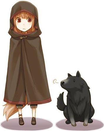 1girl ayakura_juu black_pants brown_cape brown_footwear brown_hair cape dog enekk full_body holo hood hooded long_hair lowres novel_illustration official_art pants red_eyes shoes simple_background solo spice_and_wolf standing tail white_background wolf_tail