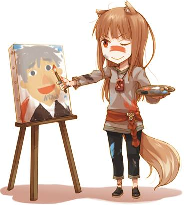 1girl ;) animal_ears anklet ayakura_juu black_footwear black_pants brown_hair craft_lawrence full_body grey_shirt holding_brush holo jewelry long_hair lowres novel_illustration official_art one_eye_closed paint_on_clothes paint_on_face painting painting_(object) pants red_eyes shirt shoes simple_background smile solo spice_and_wolf standing tail white_background wolf_ears wolf_tail