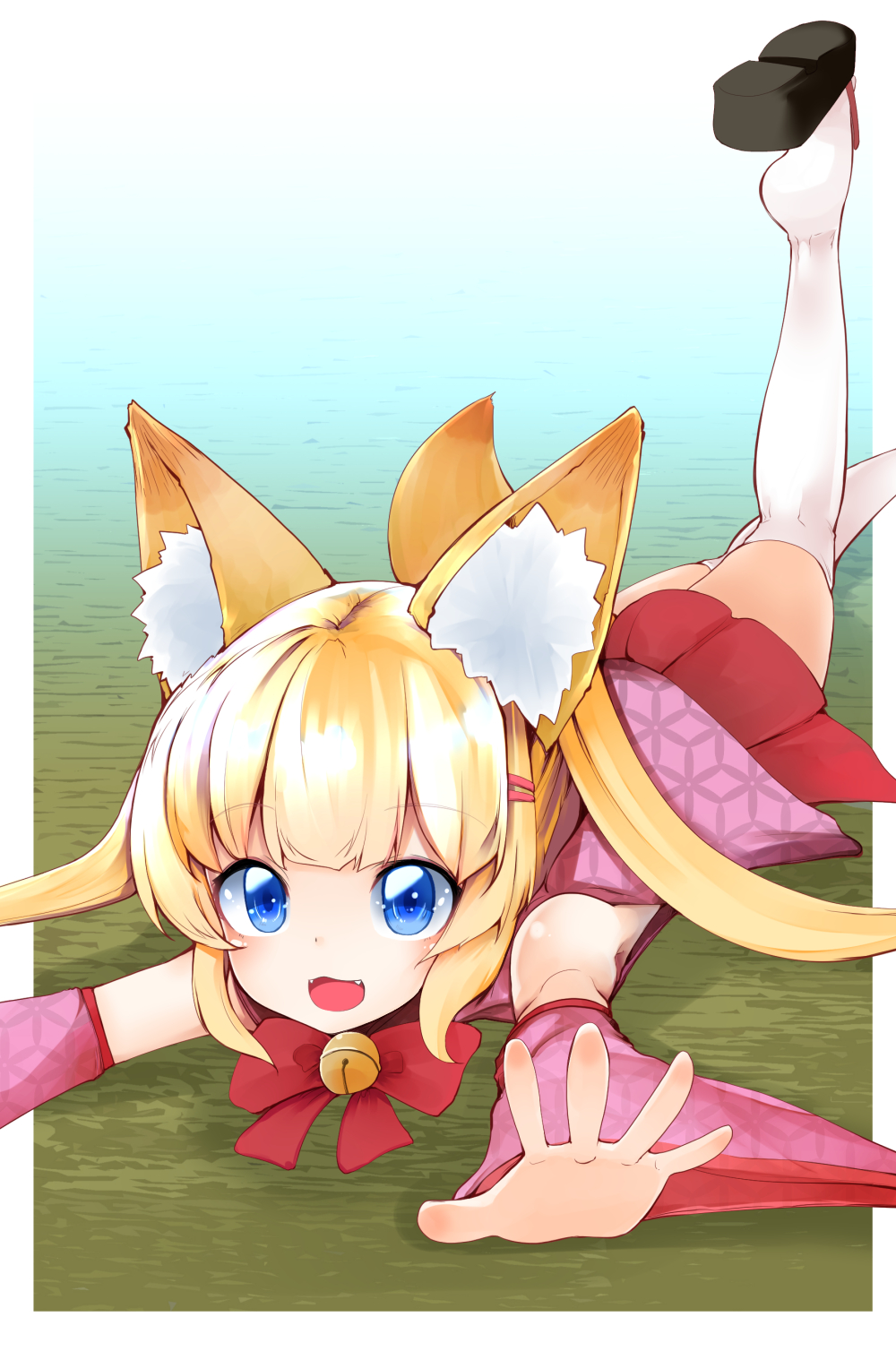 1girl :3 :d animal_ears bangs bare_shoulders bell black_footwear blue_eyes bow commentary_request detached_sleeves eyebrows_visible_through_hair fangs fox_ears fox_girl fox_tail hair_ornament hairclip highres jingle_bell kemomimi_vr_channel legs_up long_hair long_sleeves looking_at_viewer lying mikoko_(kemomimi_vr_channel) on_stomach open_mouth outstretched_arms pleated_skirt red_bow red_skirt sidelocks skirt smile solo tail takara_akihito thigh-highs twintails virtual_youtuber white_legwear wide_sleeves zouri
