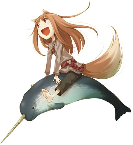 1girl :d animal_ears ayakura_juu barefoot black_pants brown_hair eyebrows_visible_through_hair fish floating_hair full_body grey_shirt holo long_hair looking_up lowres narwhal novel_illustration official_art open_mouth pants pouch red_eyes riding shirt simple_background sitting smile solo spice_and_wolf tail very_long_hair white_background wolf_ears wolf_tail