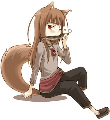 animal_ears ayakura_juu black_pants blush brown_footwear brown_hair eating eyebrows_visible_through_hair fish food full_body grey_shirt holding holding_food holo long_hair looking_at_viewer lowres novel_illustration official_art pants red_eyes shadow shirt shoes simple_background sitting solo spice_and_wolf steam tail very_long_hair white_background wolf_ears wolf_tail